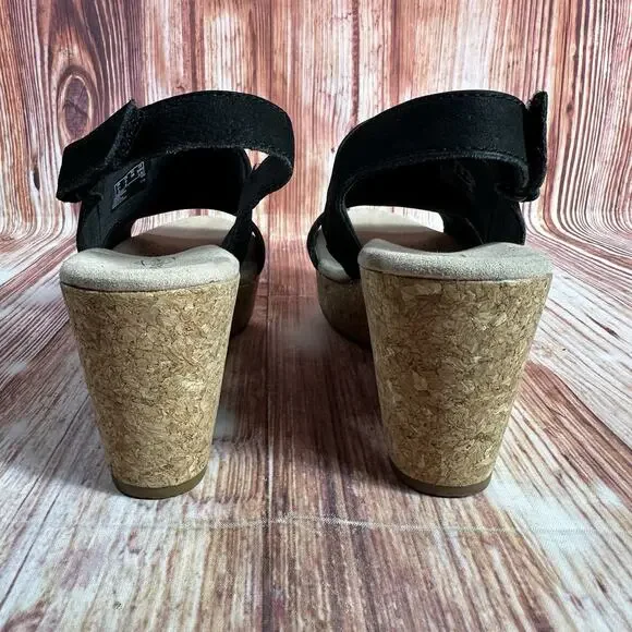 Clarks ANNADEL IVORY Size 8 Black Suede Cork Wedge Heel Sandals Open Toe Shoes - Picture 4 of 10